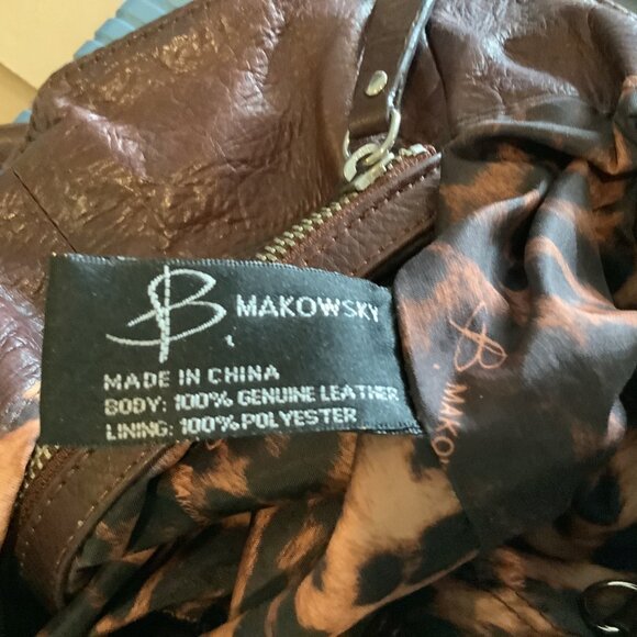 NWOT Brown Shoulder Bag Genuine Leather,Leopard Print Interior, Zipper, Makowski - Picture 3 of 13